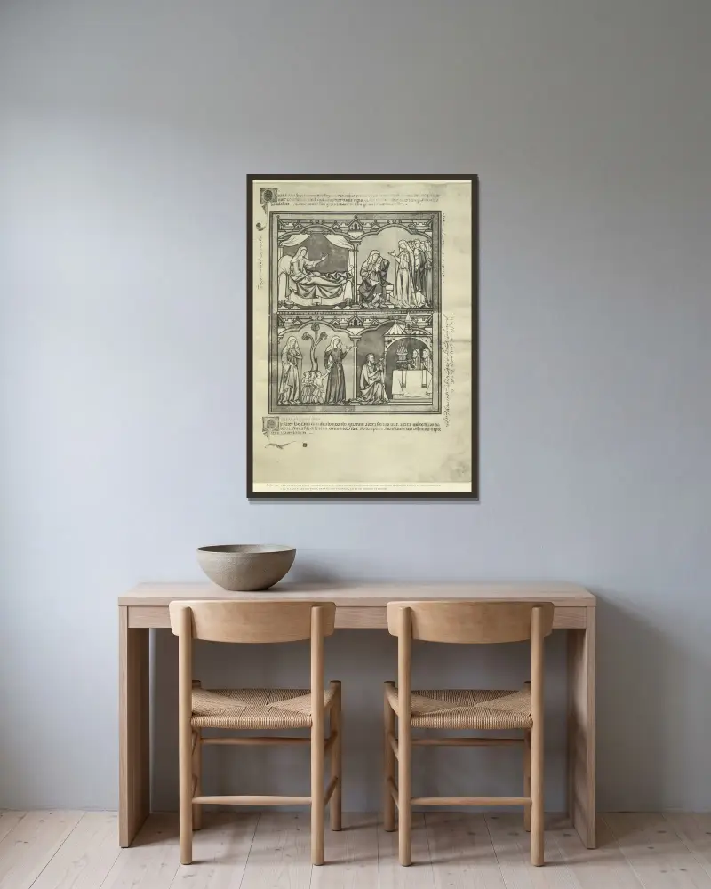 Gammaltestamentliga illustrationer från mitten av 1200-talet, plansch 37 av Montague Rhodes James inramad på en vägg