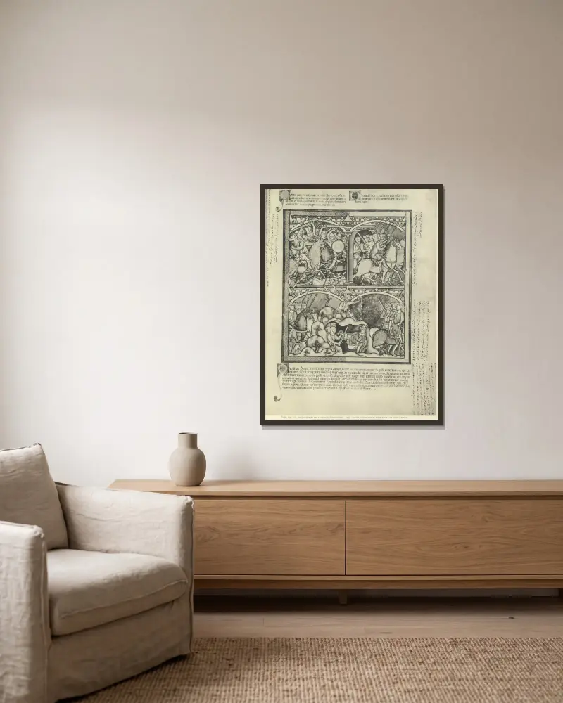 Gammaltestamentliga illustrationer från mitten av 1200-talet, plansch 65 av Montague Rhodes James inramad på en vägg
