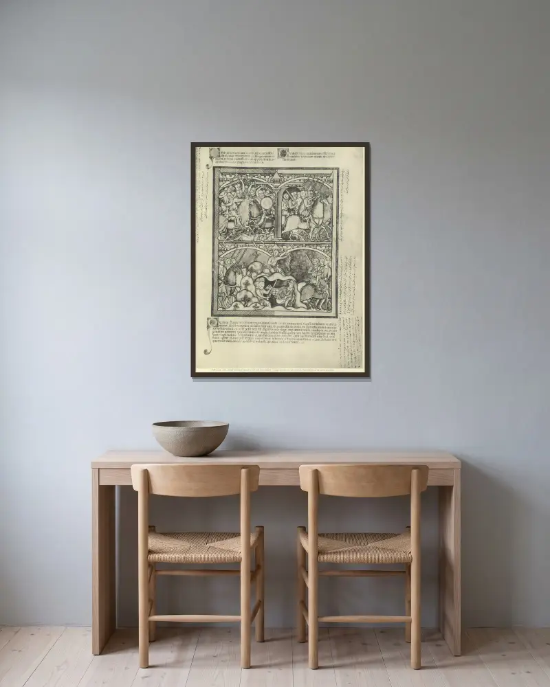 Gammaltestamentliga illustrationer från mitten av 1200-talet, plansch 65 av Montague Rhodes James inramad på en vägg