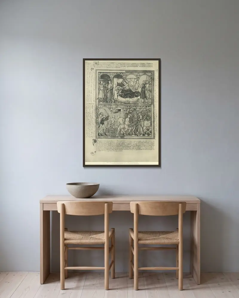 Gammaltestamentliga illustrationer från mitten av 1200-talet, plansch 24 av Montague Rhodes James inramad på en vägg