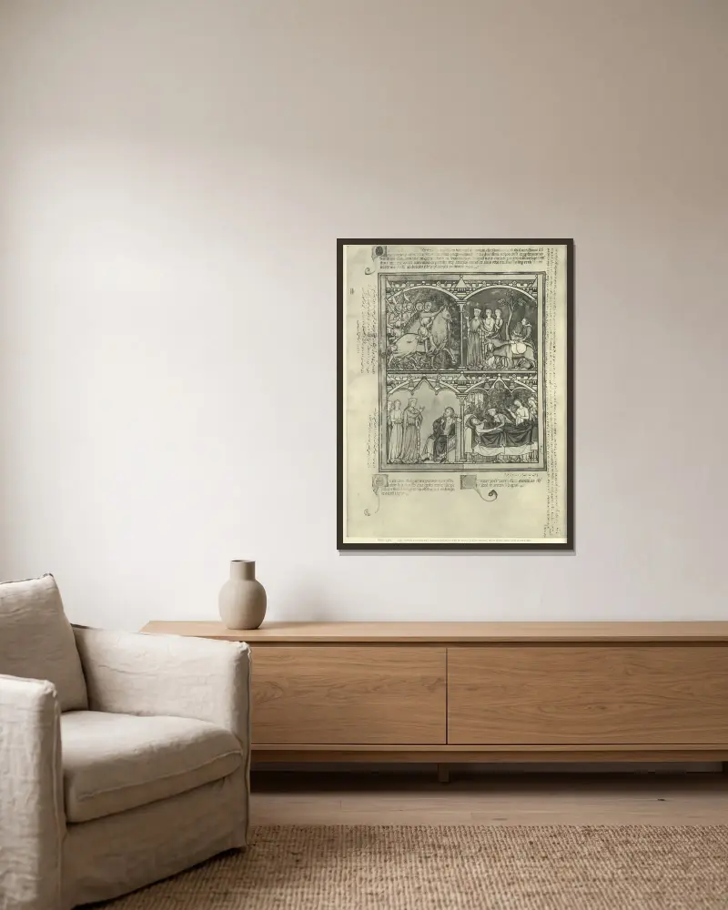Gammaltestamentliga illustrationer från mitten av 1200-talet, plansch 66 av Montague Rhodes James inramad på en vägg