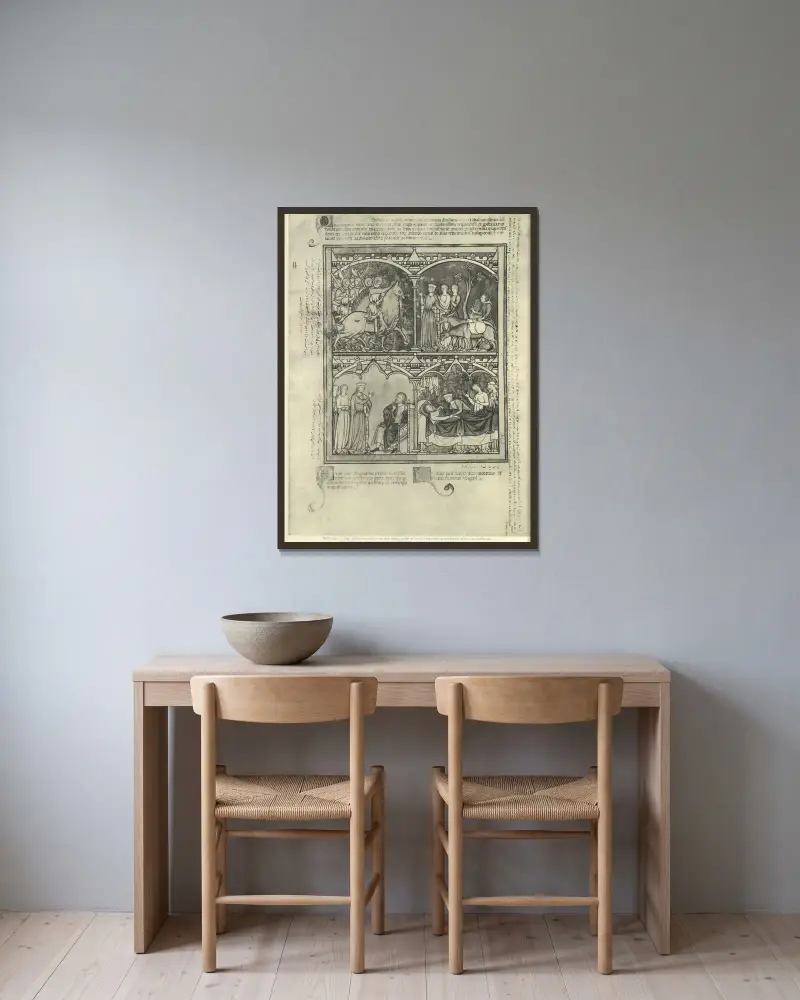 Gammaltestamentliga illustrationer från mitten av 1200-talet, plansch 66 av Montague Rhodes James inramad på en vägg