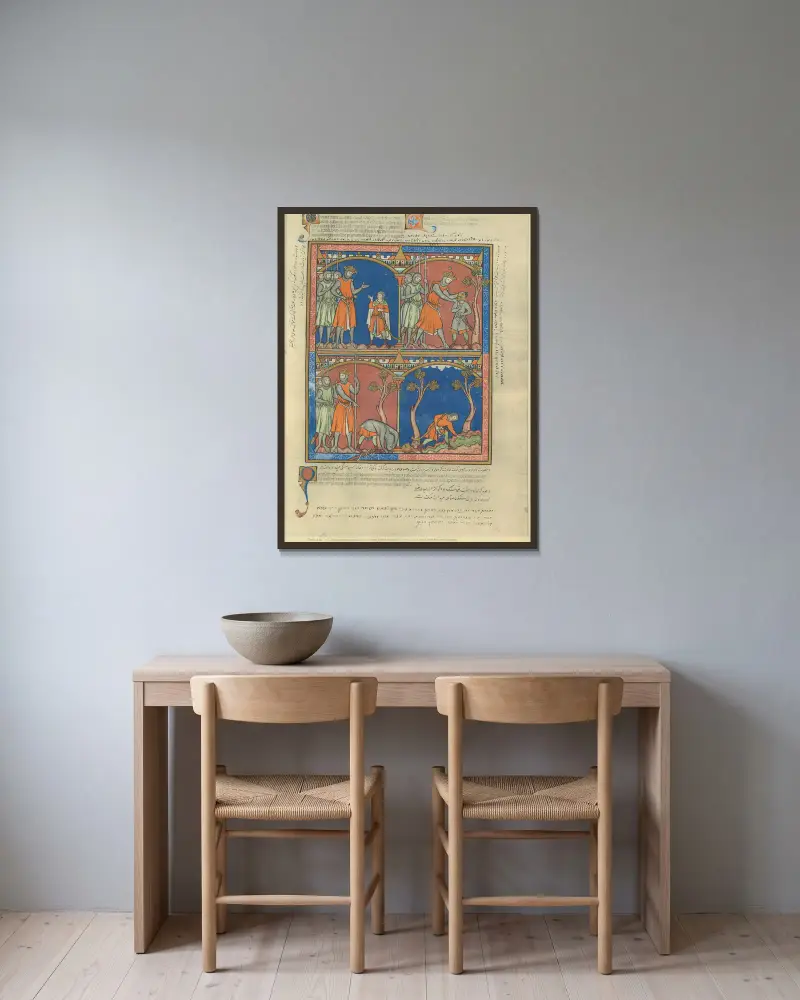 Gammaltestamentliga illustrationer från mitten av 1200-talet, plansch 55 av Montague Rhodes James inramad på en vägg