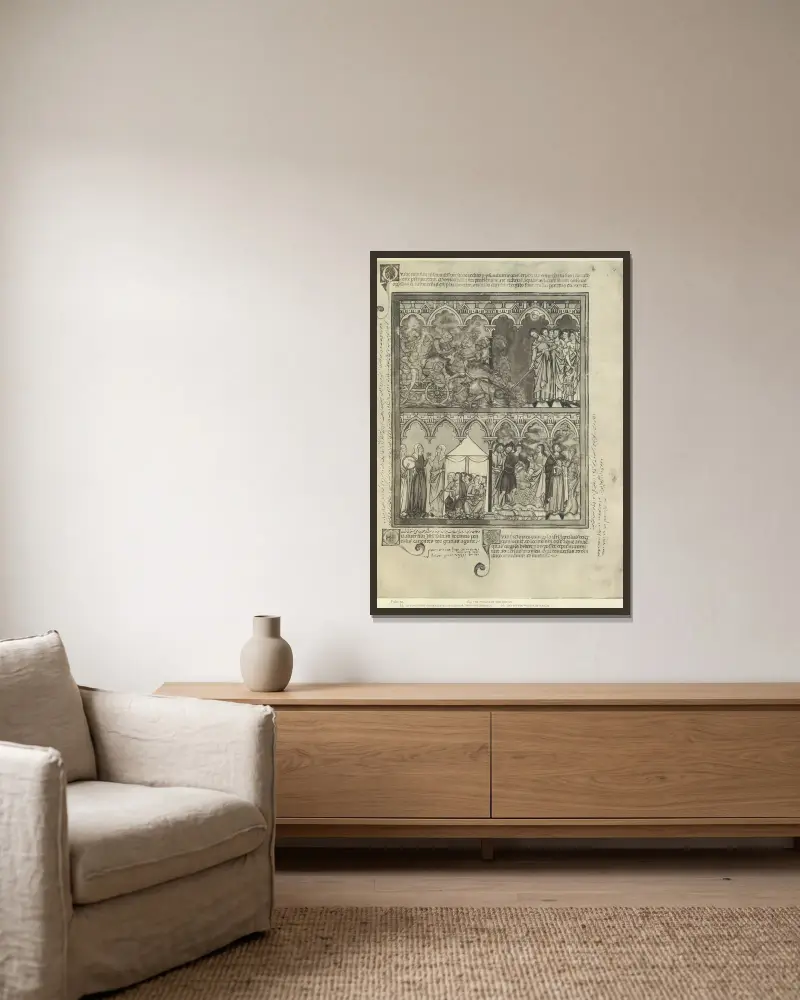 Gammaltestamentliga illustrationer från mitten av 1200-talet, plansch 17 av Montague Rhodes James inramad på en vägg