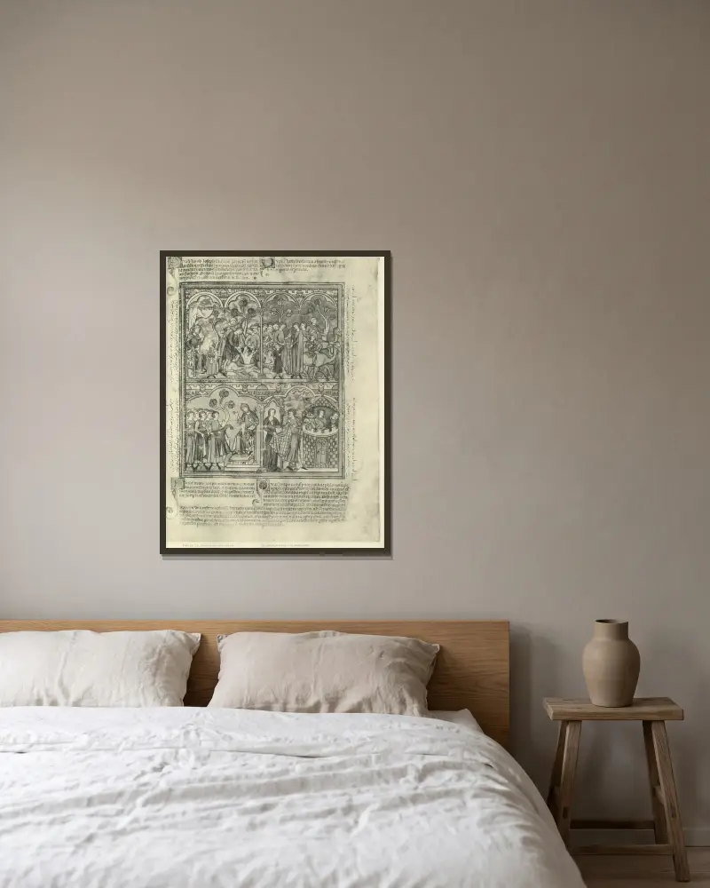 Ein Buch mit alttestamentlichen Illustrationen aus der Mitte des 13. Jahrhunderts, Tafel 9 von Montague Rhodes James gerahmt an einer Wand