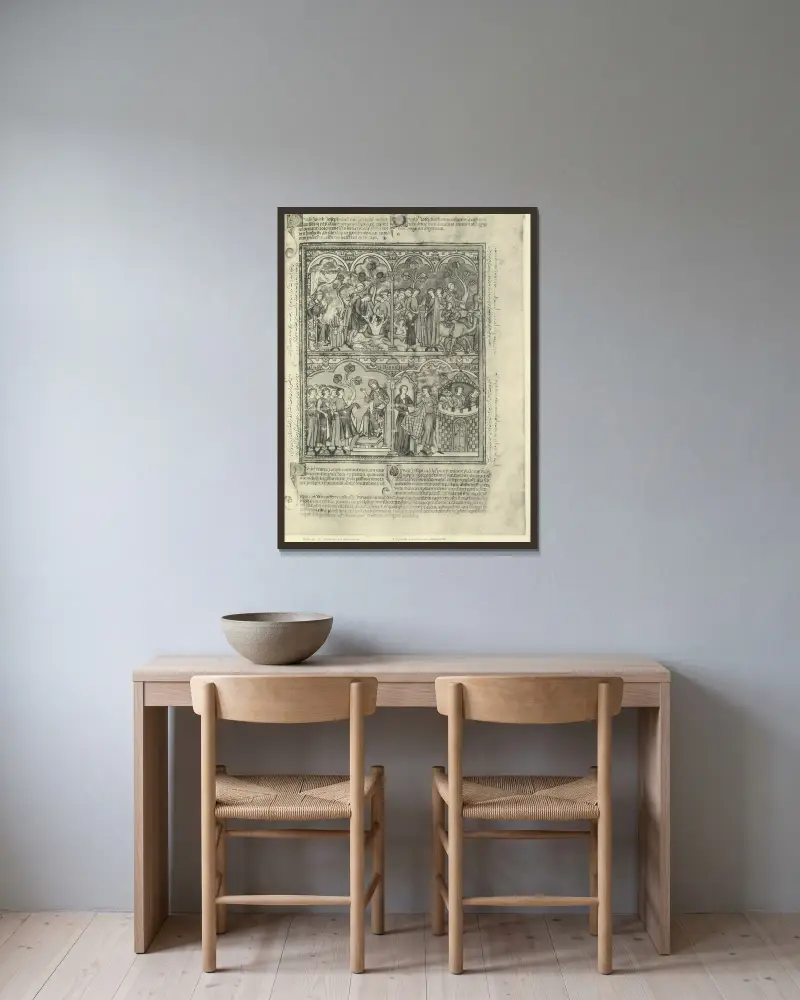 Ein Buch mit alttestamentlichen Illustrationen aus der Mitte des 13. Jahrhunderts, Tafel 9 von Montague Rhodes James gerahmt an einer Wand