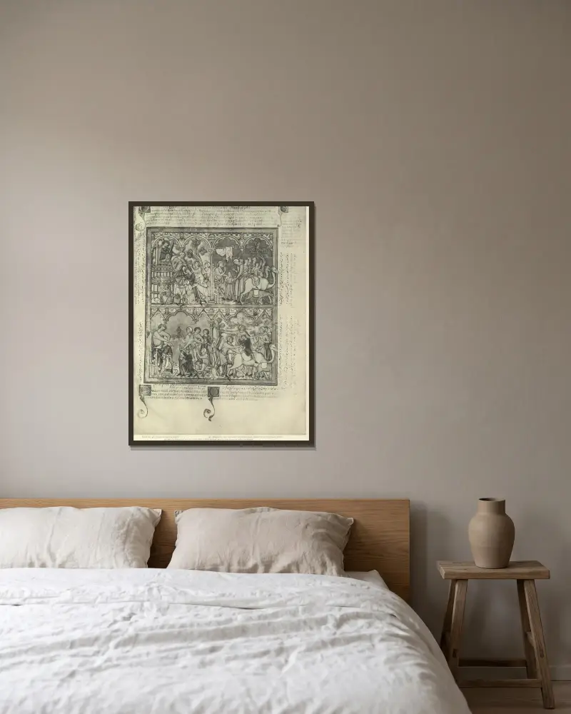 Gammaltestamentliga illustrationer från mitten av 1200-talet, plansch 11 av Montague Rhodes James inramad på en vägg