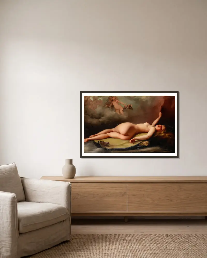 Reclining nude av Luis Ricardo Falero inramad på en vägg
