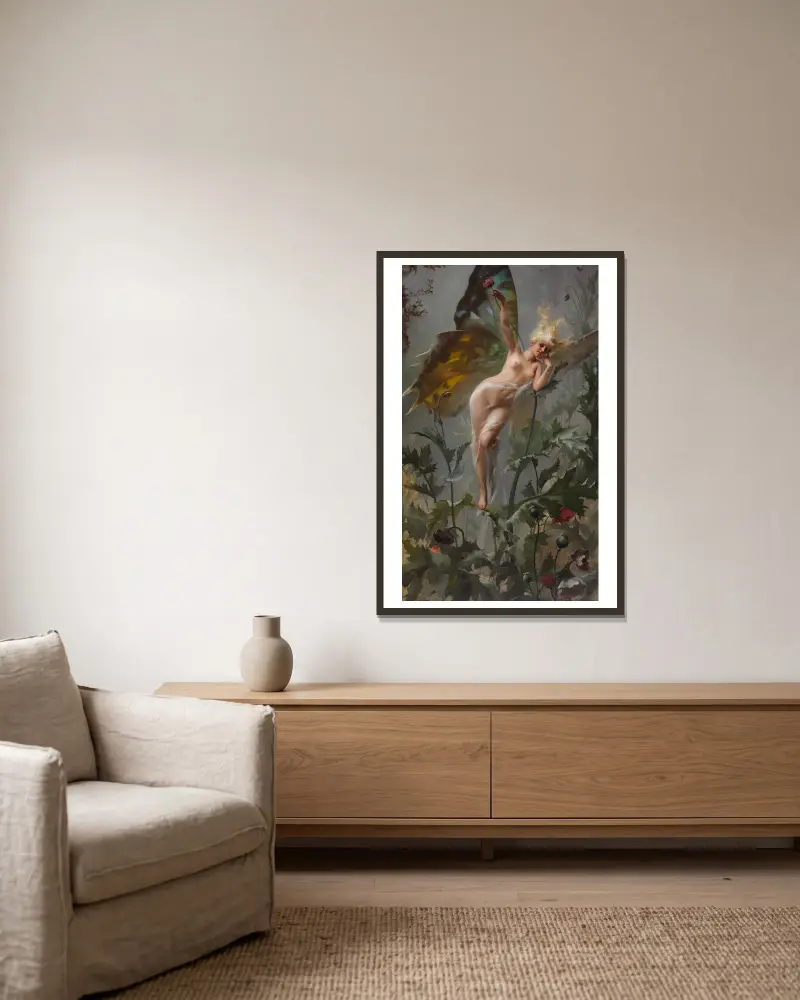 Vallmofén av Luis Ricardo Falero inramad på en vägg