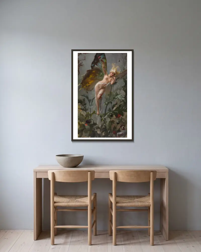 Vallmofén av Luis Ricardo Falero inramad på en vägg