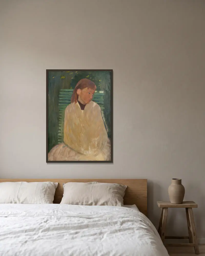 Flicka på trädgårdsbänk av Richard Bergh inramad på en vägg