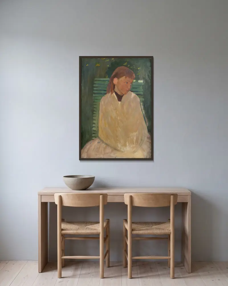 Flicka på trädgårdsbänk av Richard Bergh inramad på en vägg