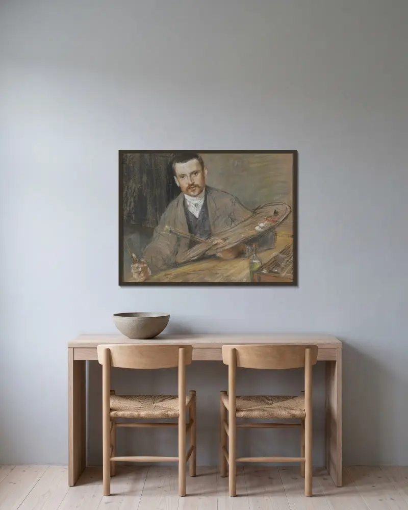 Johan Kindborg, 1861–1907, konstnär, gift med trägravören Emy Edman av Richard Bergh inramad på en vägg