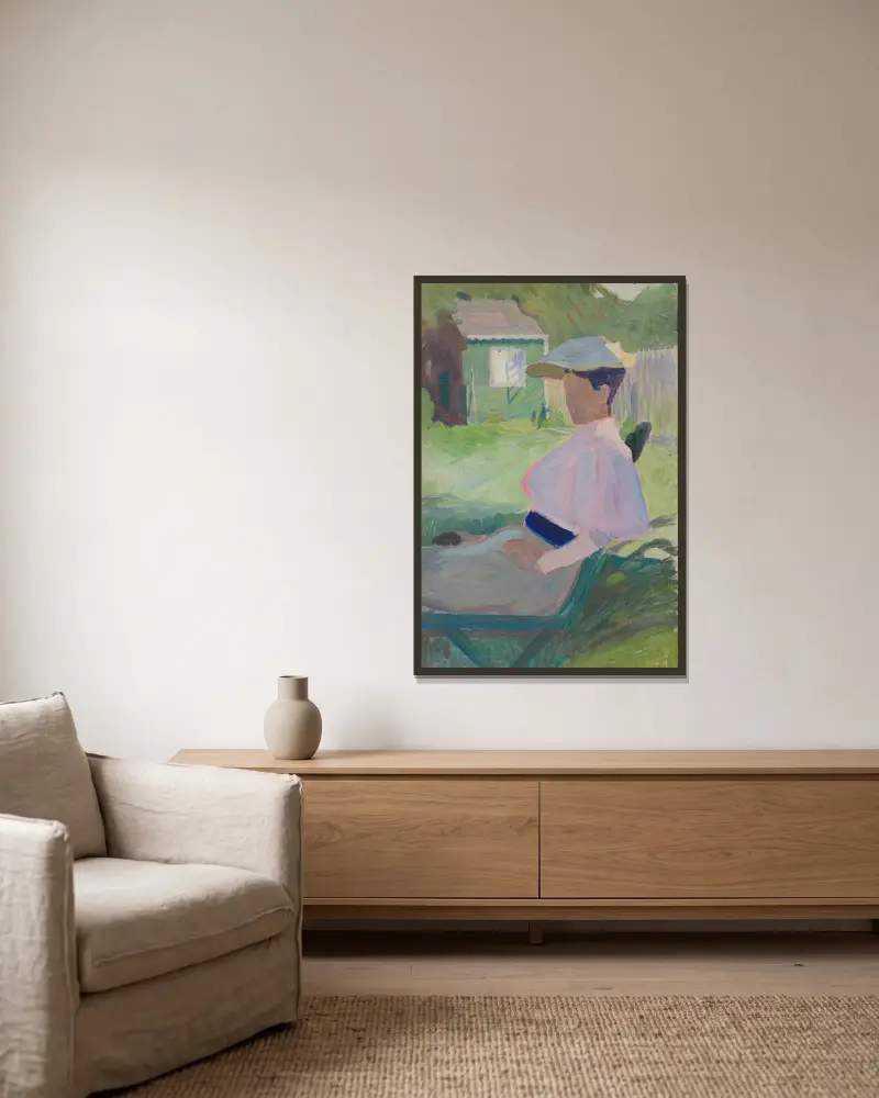 Frau auf Gartenstuhl, Visby von Richard Bergh gerahmt an einer Wand
