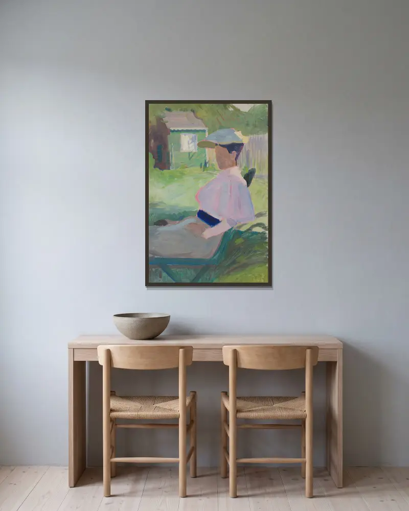 Frau auf Gartenstuhl, Visby von Richard Bergh gerahmt an einer Wand