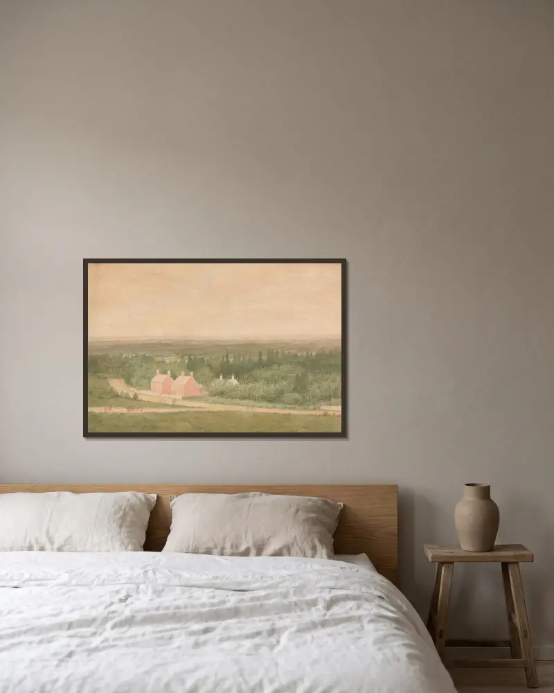 Krajina s chalupami, Broadmoor, Richard Dadd v rámu na stěně