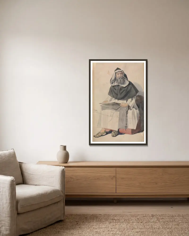 Porträtt av en munk av Richard Dadd inramad på en vägg