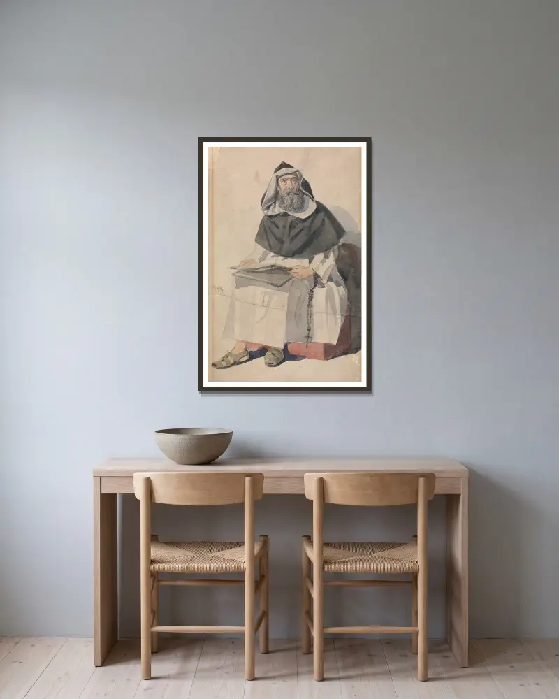 Porträtt av en munk av Richard Dadd inramad på en vägg