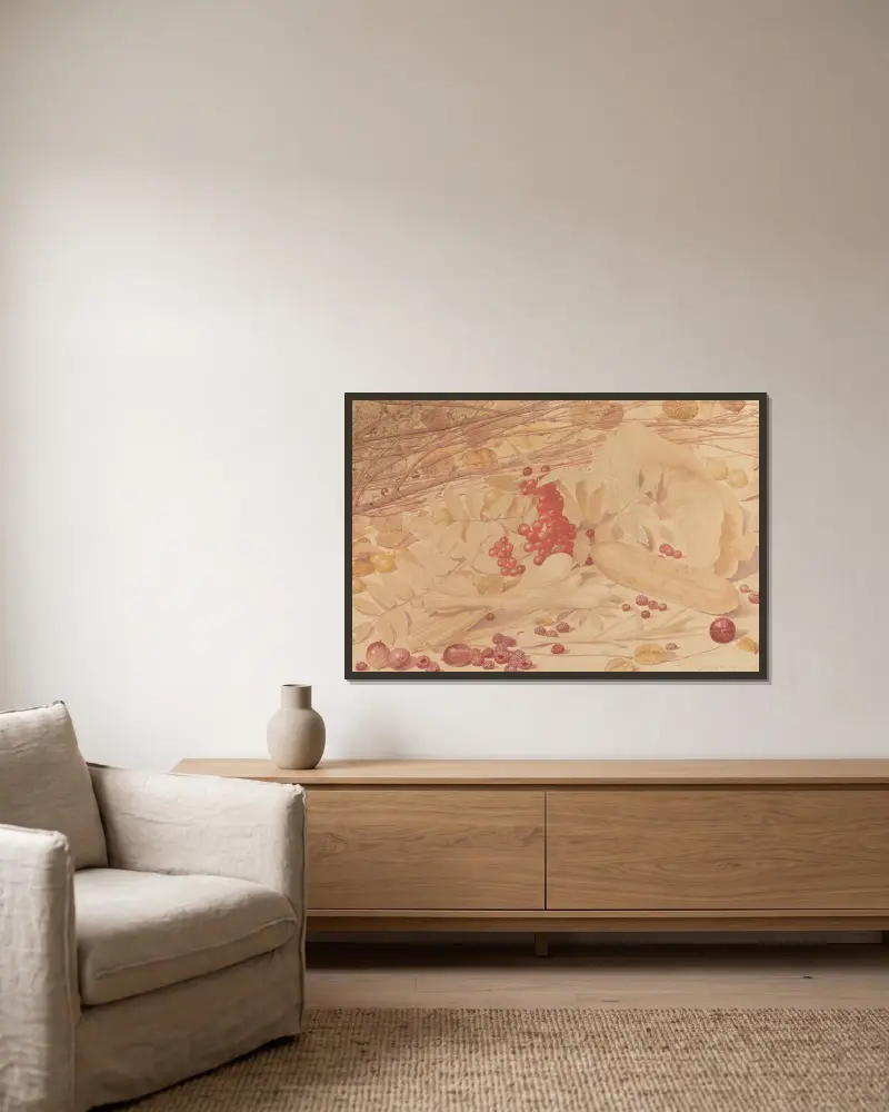 Stilleben mit Stachelbeeren, Himbeeren, roten Johannisbeeren, Frühlingszwiebeln, einer Gurke und Blattwerk von Richard Dadd gerahmt an einer Wand