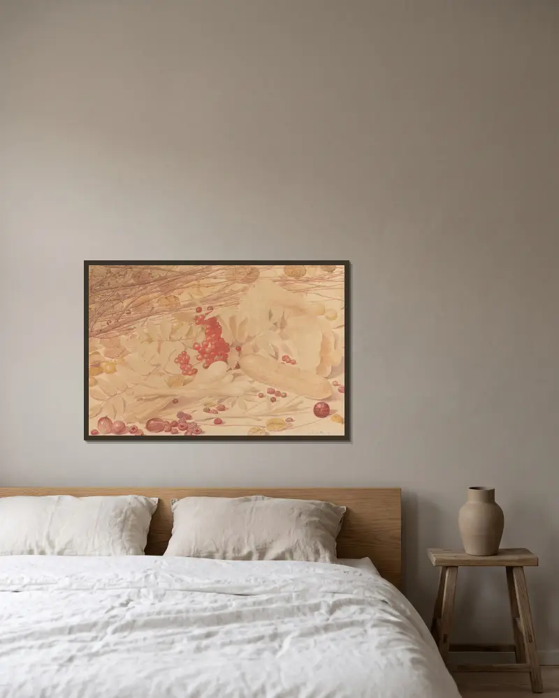 Stilleben mit Stachelbeeren, Himbeeren, roten Johannisbeeren, Frühlingszwiebeln, einer Gurke und Blattwerk von Richard Dadd gerahmt an einer Wand
