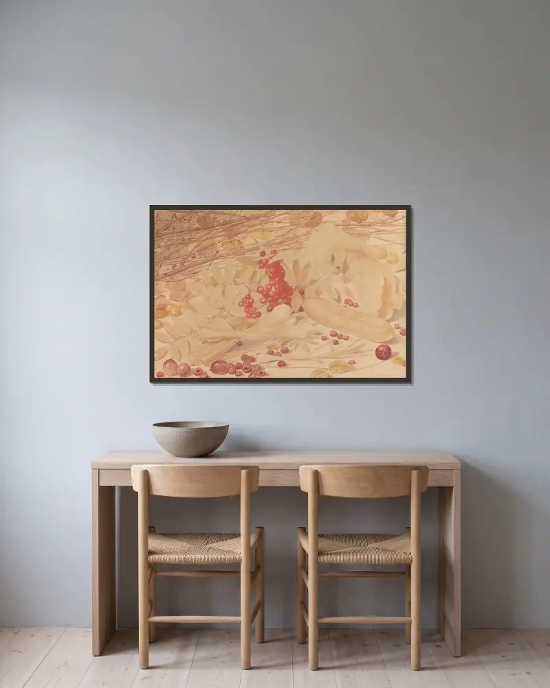 Stilleben mit Stachelbeeren, Himbeeren, roten Johannisbeeren, Frühlingszwiebeln, einer Gurke und Blattwerk von Richard Dadd gerahmt an einer Wand