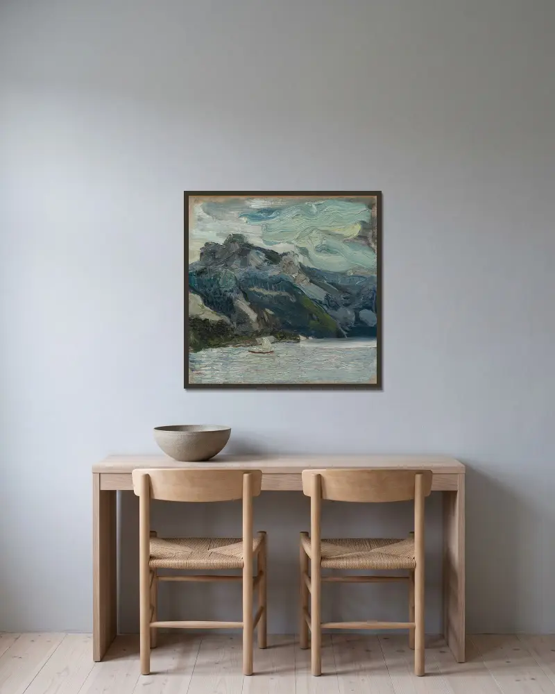 Traunsjön med bergen och en sovande grekisk kvinna av Richard Gerstl inramad på en vägg