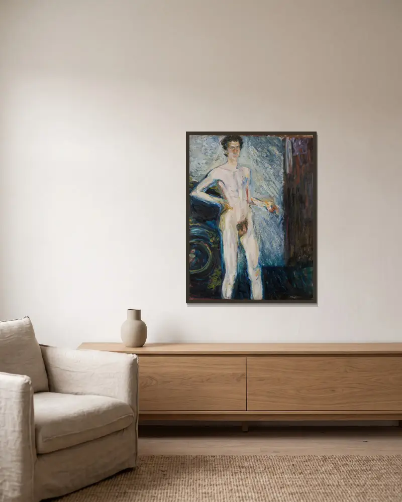 Aktuelles Selbstporträt mit Palette von Richard Gerstl gerahmt an einer Wand