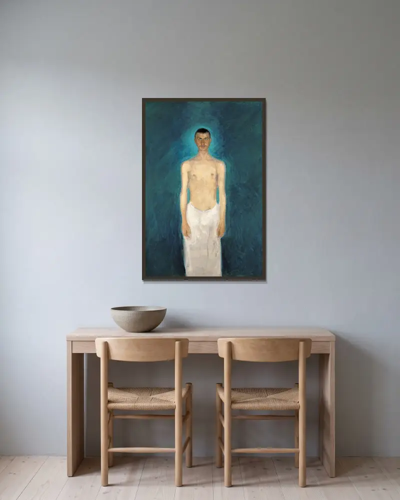 Semi-Nude Self-Portrait av Richard Gerstl inramad på en vägg