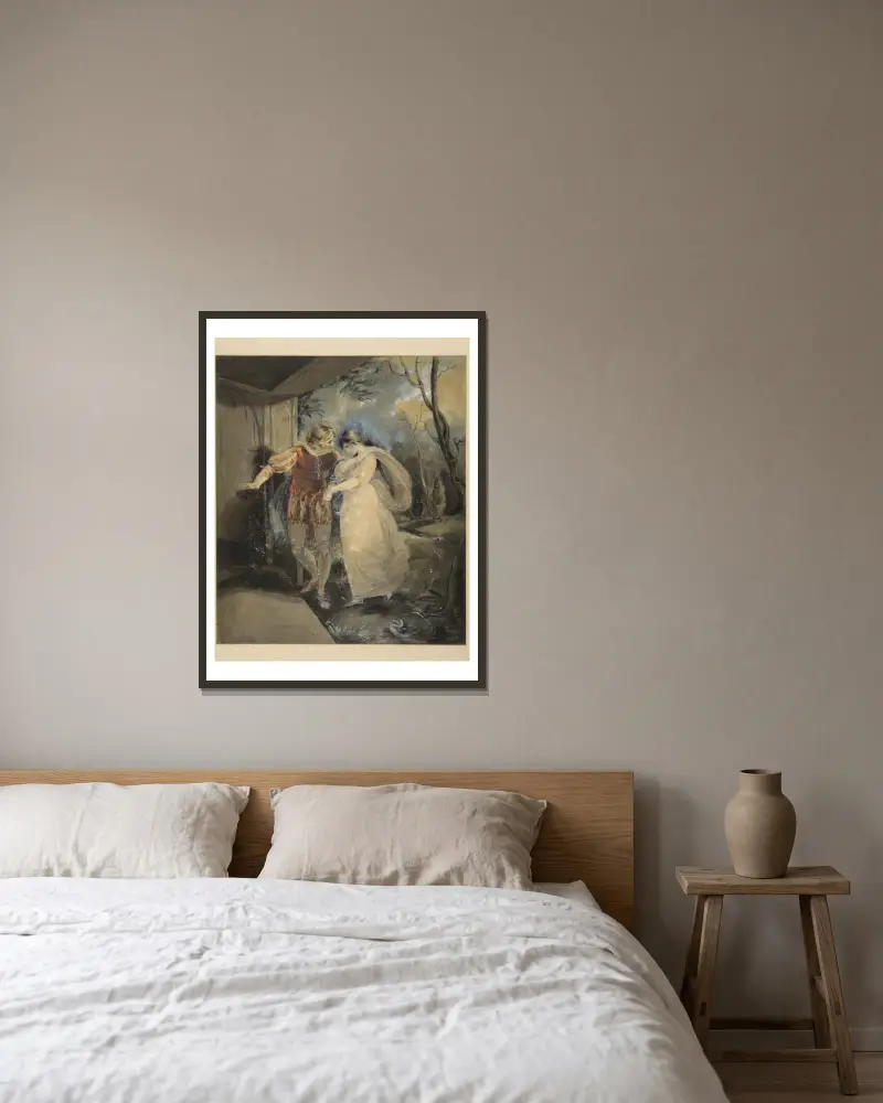 Der Sturm, III, 2, Ferdinand und Miranda von Richard Westall gerahmt an einer Wand