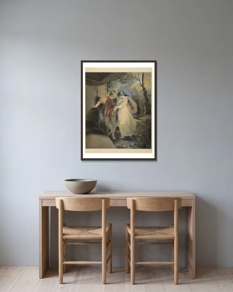 Der Sturm, III, 2, Ferdinand und Miranda von Richard Westall gerahmt an einer Wand