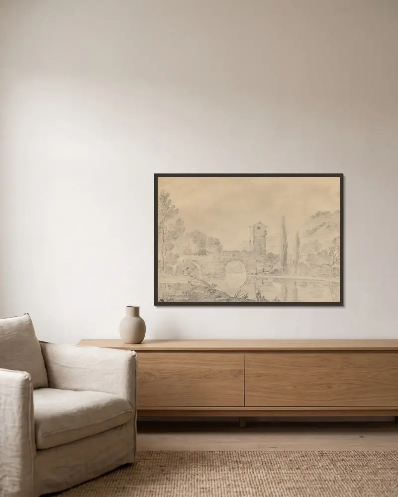 Italienische Landschaft mit dreibogiger Brücke, Brückenhaus, Figuren am nahen Ufer und Pappeln am gegenüberliegenden Ufer von Richard Wilson gerahmt an einer Wand