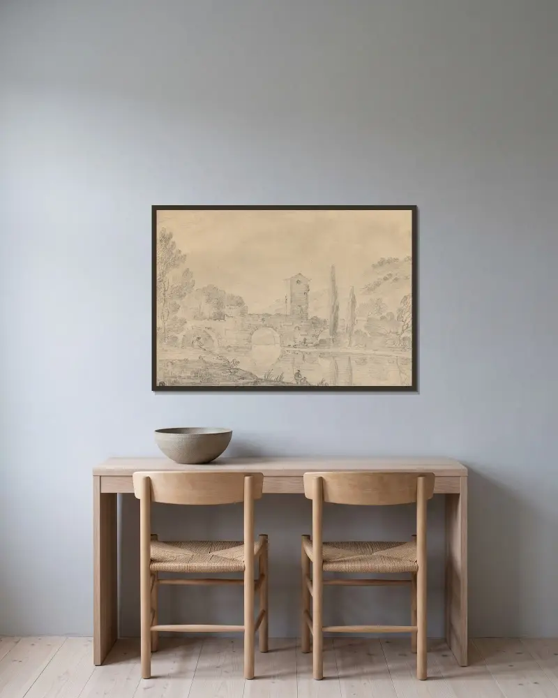 Italienische Landschaft mit dreibogiger Brücke, Brückenhaus, Figuren am nahen Ufer und Pappeln am gegenüberliegenden Ufer von Richard Wilson gerahmt an einer Wand