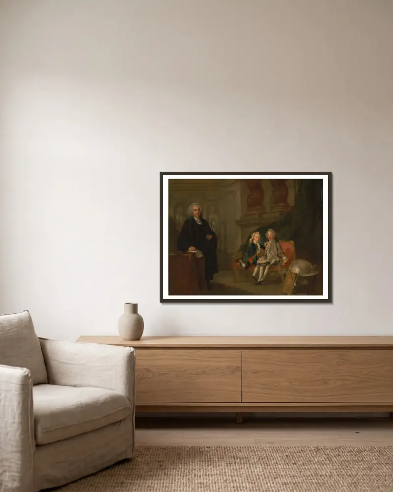 Prins Georg och prins Edvard August, söner till Fredrik, prins av Wales, med deras informator doktor F… av Richard Wilson inramad på en vägg