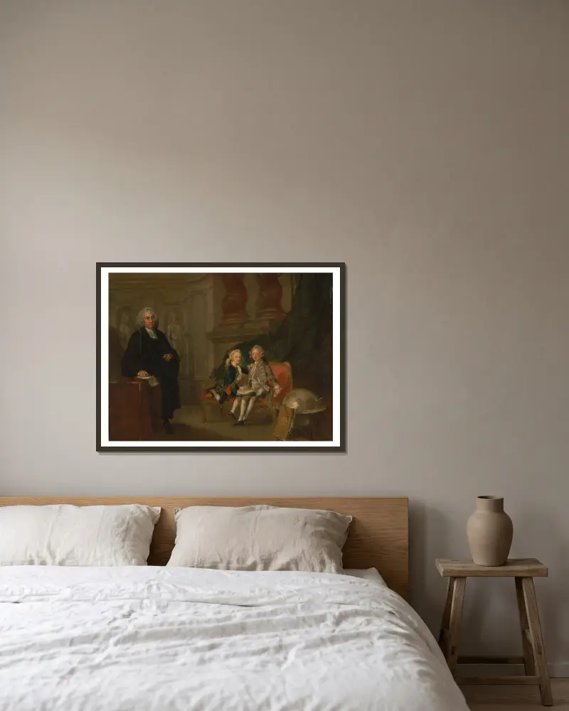 Prins Georg och prins Edvard August, söner till Fredrik, prins av Wales, med deras informator doktor F… av Richard Wilson inramad på en vägg