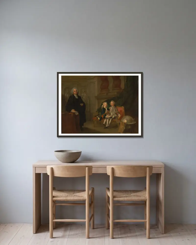 Prins Georg och prins Edvard August, söner till Fredrik, prins av Wales, med deras informator doktor F… av Richard Wilson inramad på en vägg
