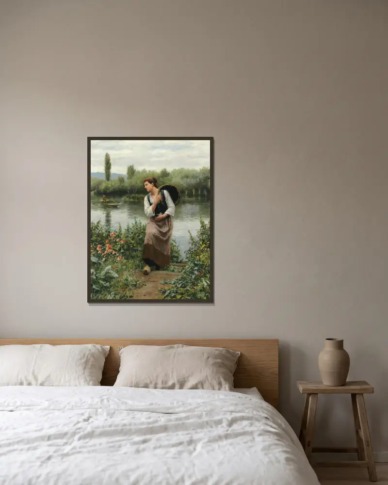 Kvinna med korg av Daniel Ridgway Knight inramad på en vägg