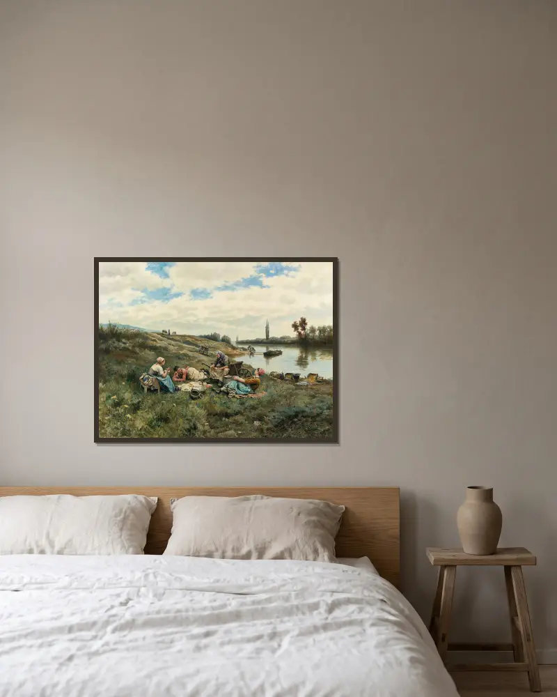 Efter lunch; vid Seines stränder av Daniel Ridgway Knight inramad på en vägg