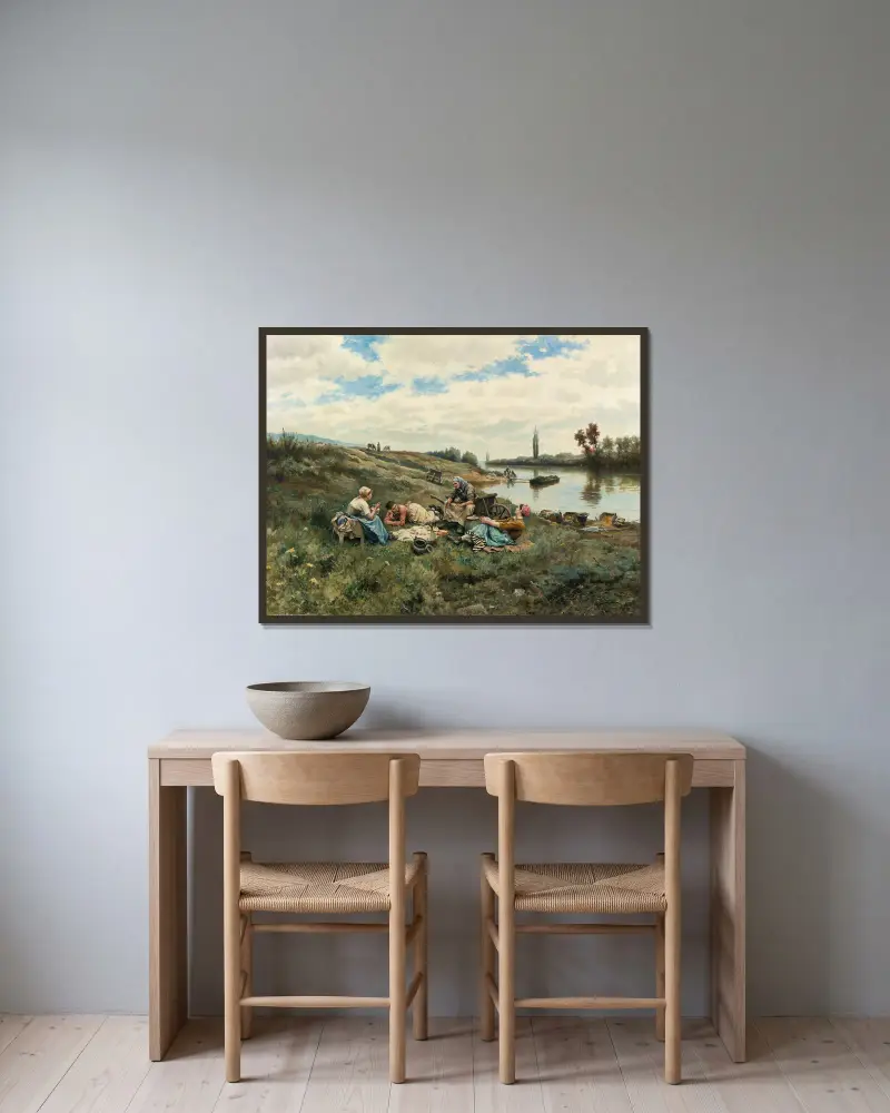 Efter lunch; vid Seines stränder av Daniel Ridgway Knight inramad på en vägg