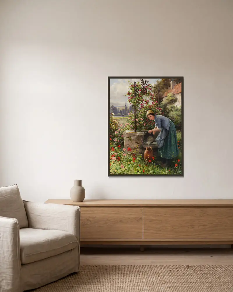 Am Brunnen im Garten, Paris von Daniel Ridgway Knight gerahmt an einer Wand