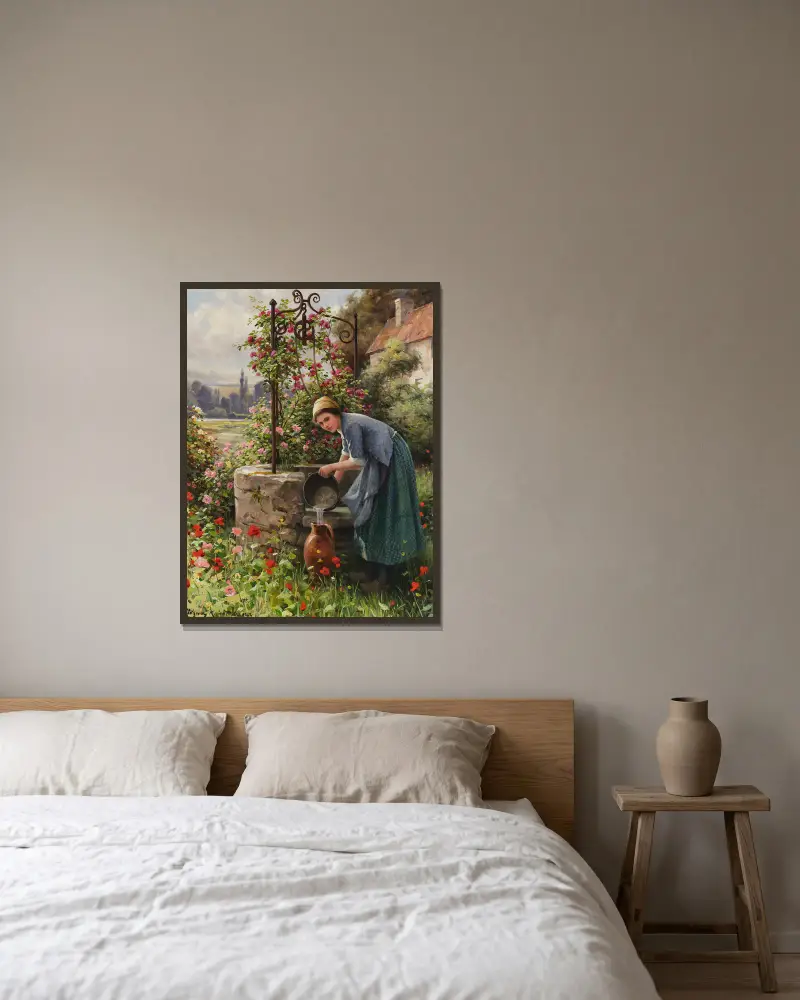Am Brunnen im Garten, Paris von Daniel Ridgway Knight gerahmt an einer Wand