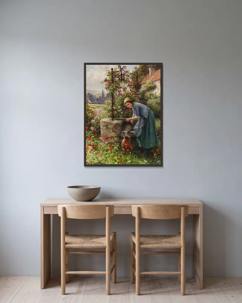 Am Brunnen im Garten, Paris von Daniel Ridgway Knight gerahmt an einer Wand
