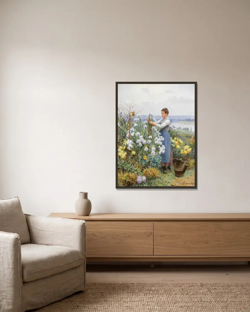 Chrysanthemums av Daniel Ridgway Knight inramad på en vägg