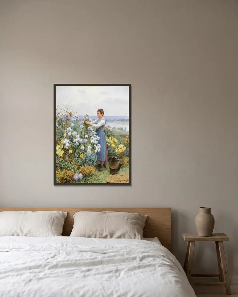 Chrysanthemums av Daniel Ridgway Knight inramad på en vägg