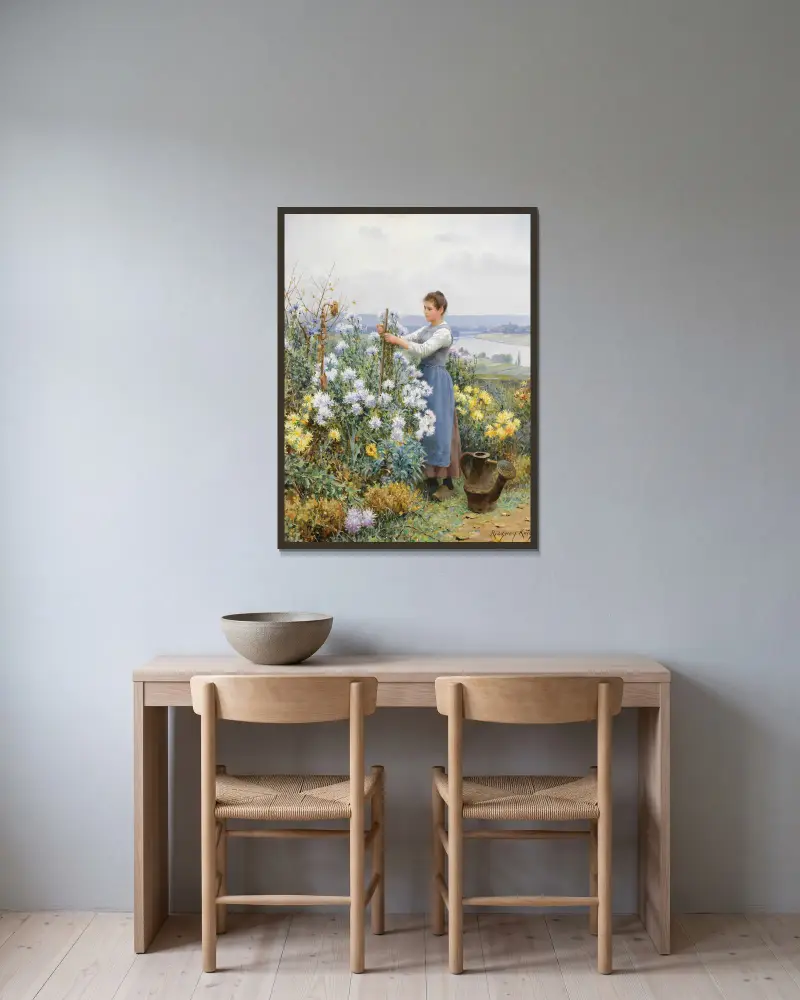 Chrysanthemums av Daniel Ridgway Knight inramad på en vägg