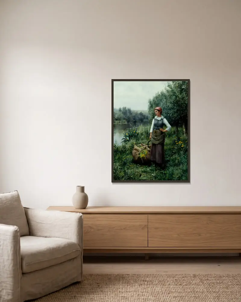 Flicka vid en bäck, Flandern av Daniel Ridgway Knight inramad på en vägg