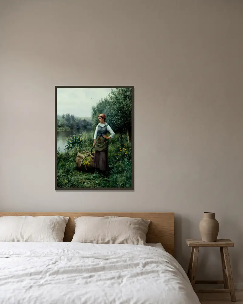 Flicka vid en bäck, Flandern av Daniel Ridgway Knight inramad på en vägg