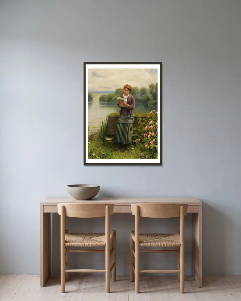 Interesting News av Daniel Ridgway Knight inramad på en vägg