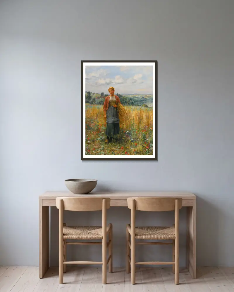 Jeannine Gleaning av Daniel Ridgway Knight inramad på en vägg