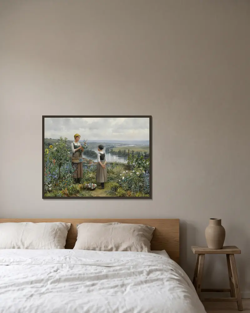 Blumen pflücken von Daniel Ridgway Knight gerahmt an einer Wand