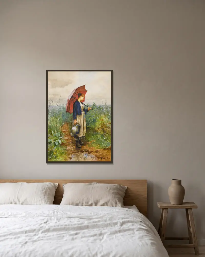 Porträtt av en kvinna med paraply som hämtar vatten av Daniel Ridgway Knight inramad på en vägg